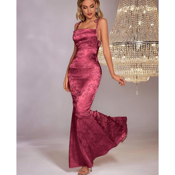 Women's Wine Satin Body-con Elegant Formal Spaghetti Strap Cowl Neck Maxi Dress - Picture 2 of 5